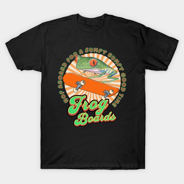 Funny and cute red eyed tree frog having a good time riding a skateboard by hopping on board a jumpy good time tee T-Shirt by Danny Gordon Art